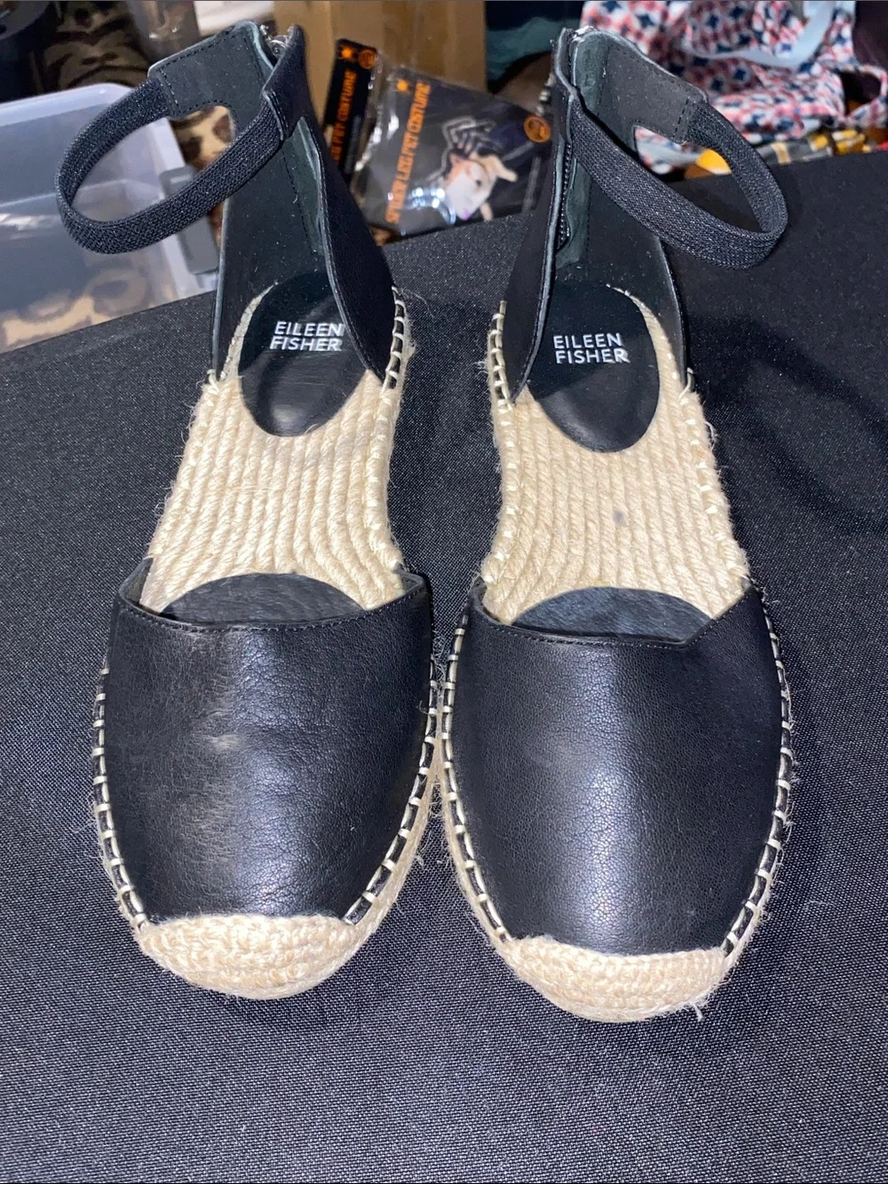 EILEEN FISCHER LALA TUMBLED BLACK LEATHER ESPADRILLE ANKLE STRAP SANDLE SIZE 7.5